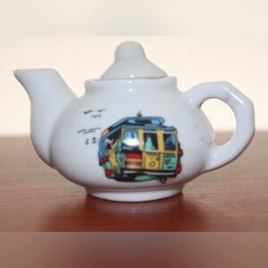 Vintage Mini Ceramic Teapot White with Tram Design 3”x1.5”
